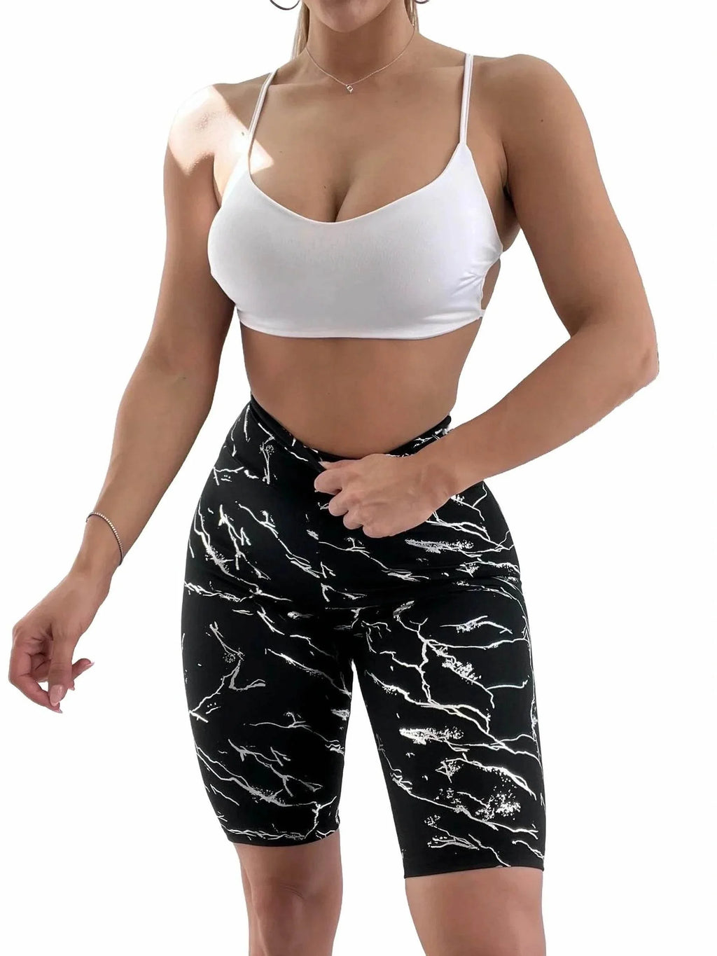 Colanți Scurți Modelatori cu Imprimeu Abstract Argintiu | Colanți cu Bandă Lată în Talie