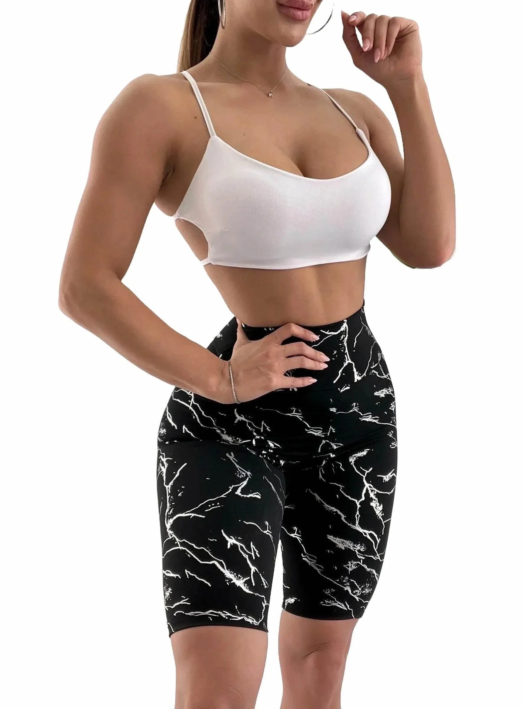 Colanți Scurți Modelatori cu Imprimeu Abstract Argintiu | Colanți cu Bandă Lată în Talie