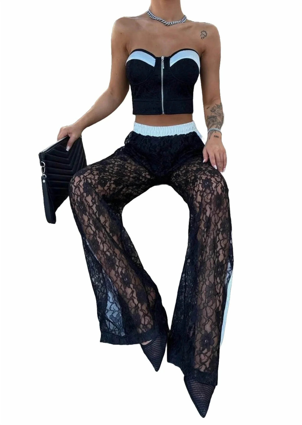 Compleu Elegant Dantelă cu Top Scurt și Pantaloni | Set 2 Piese cu Inserții Saten