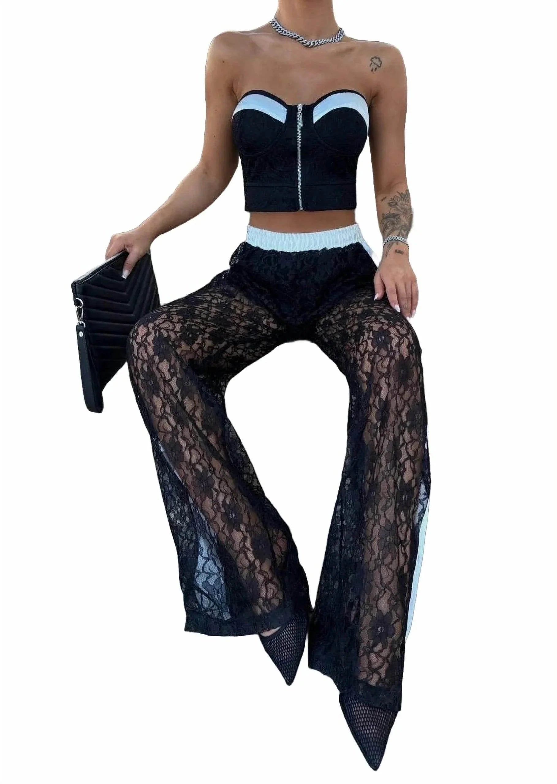 Compleu Elegant Dantelă cu Top Scurt și Pantaloni | Set 2 Piese cu Inserții Saten