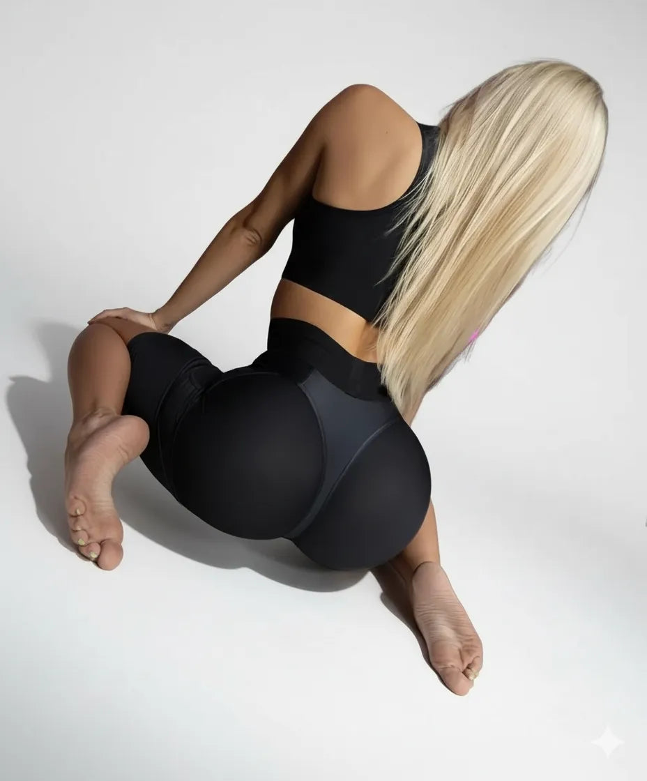 Compleu Modelator Sport Negru – Bustieră Push-Up & Colanți Scurți