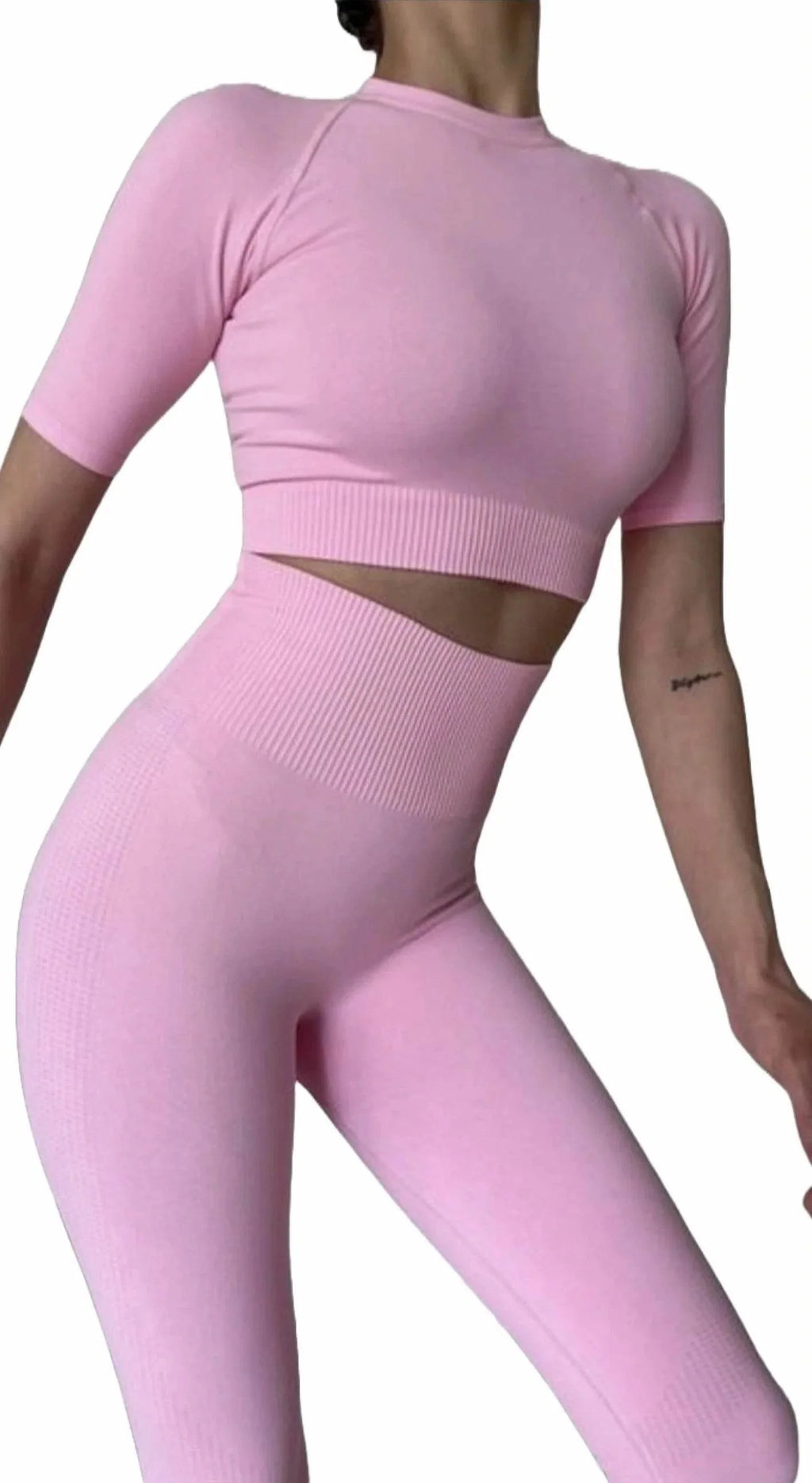 Compleu Seamless Maneca Scurta Roz Pudra