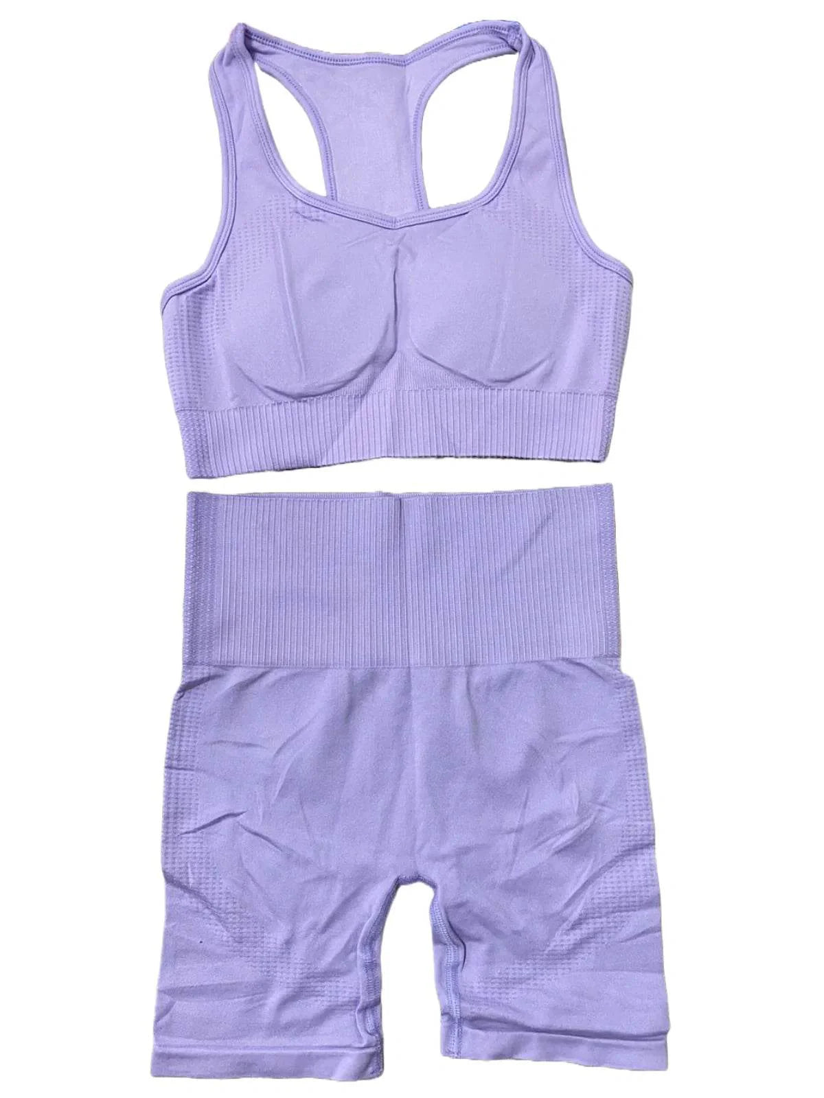 Compleu Sport Seamless Lila cu Bustieră Push-up | Set Bluză și Pantaloni Scurți