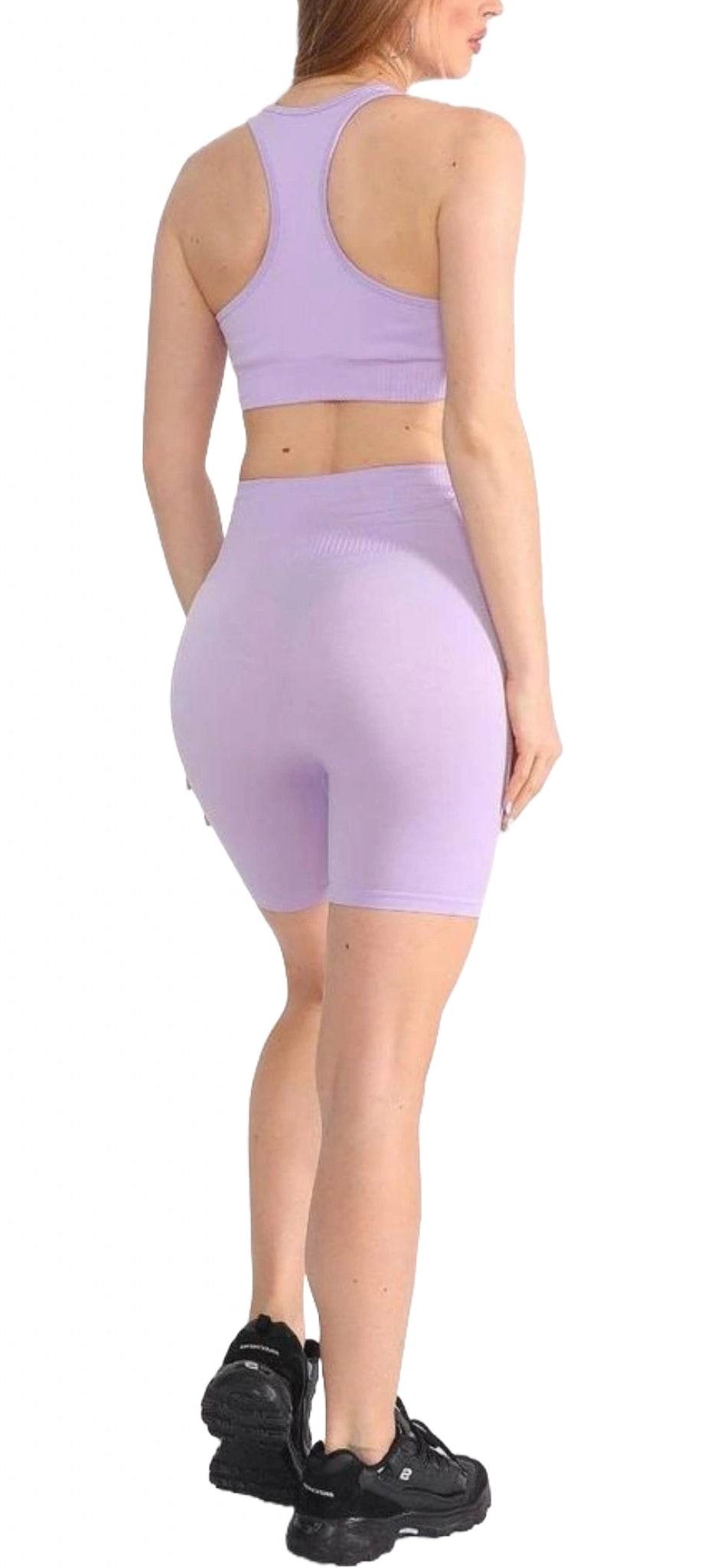 Compleu Sport Seamless Lila cu Bustieră Push-up | Set Bluză și Pantaloni Scurți