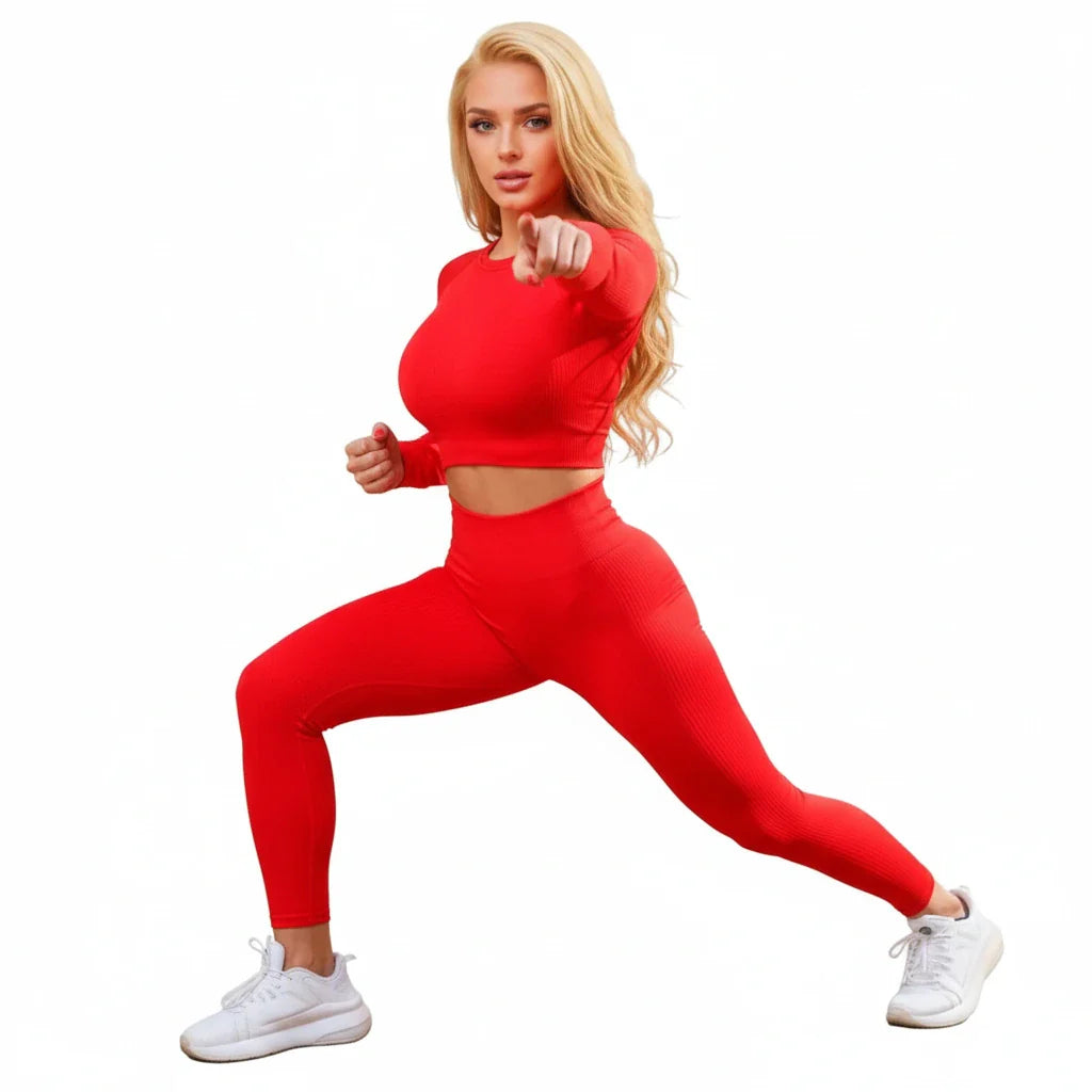 Compleu Modelator Fitness Roșu | Set Dama cu Mâneci Lungi și Fentă pentru Deget