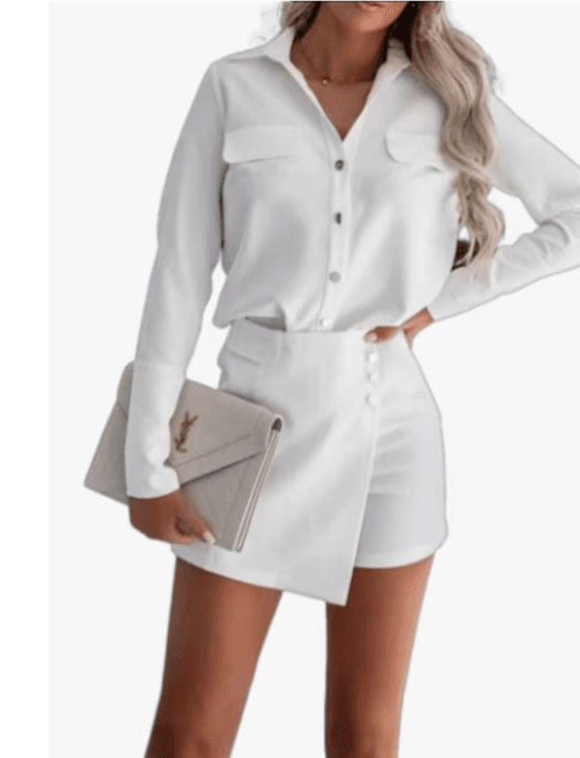 Compleu de Dama Alb cu Fustă-Pantalon și Cămașă | Set Elegant pentru Ocazii 