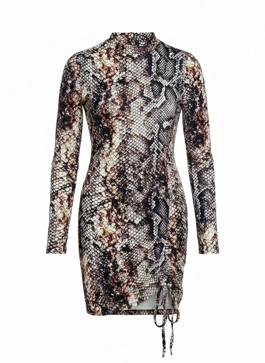 Rochie Scurtă din Lycra cu Imprimeu Animal Print | Rochie Dama cu Mâneci Lungi