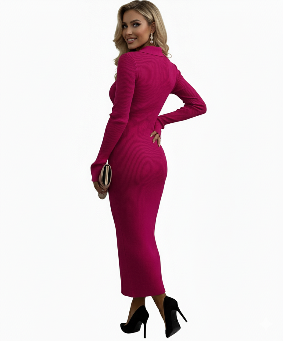 Rochie Midi Tricotată Fucsia | Rochie Dama cu Mâneci Evazate și Guler