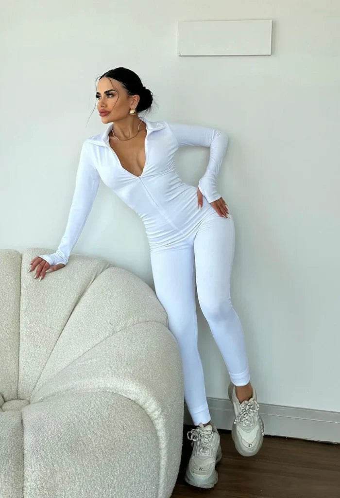 Salopetă Elegantă Albă din Lycra | Salopetă Modelatoare cu Fermoar Argintiu