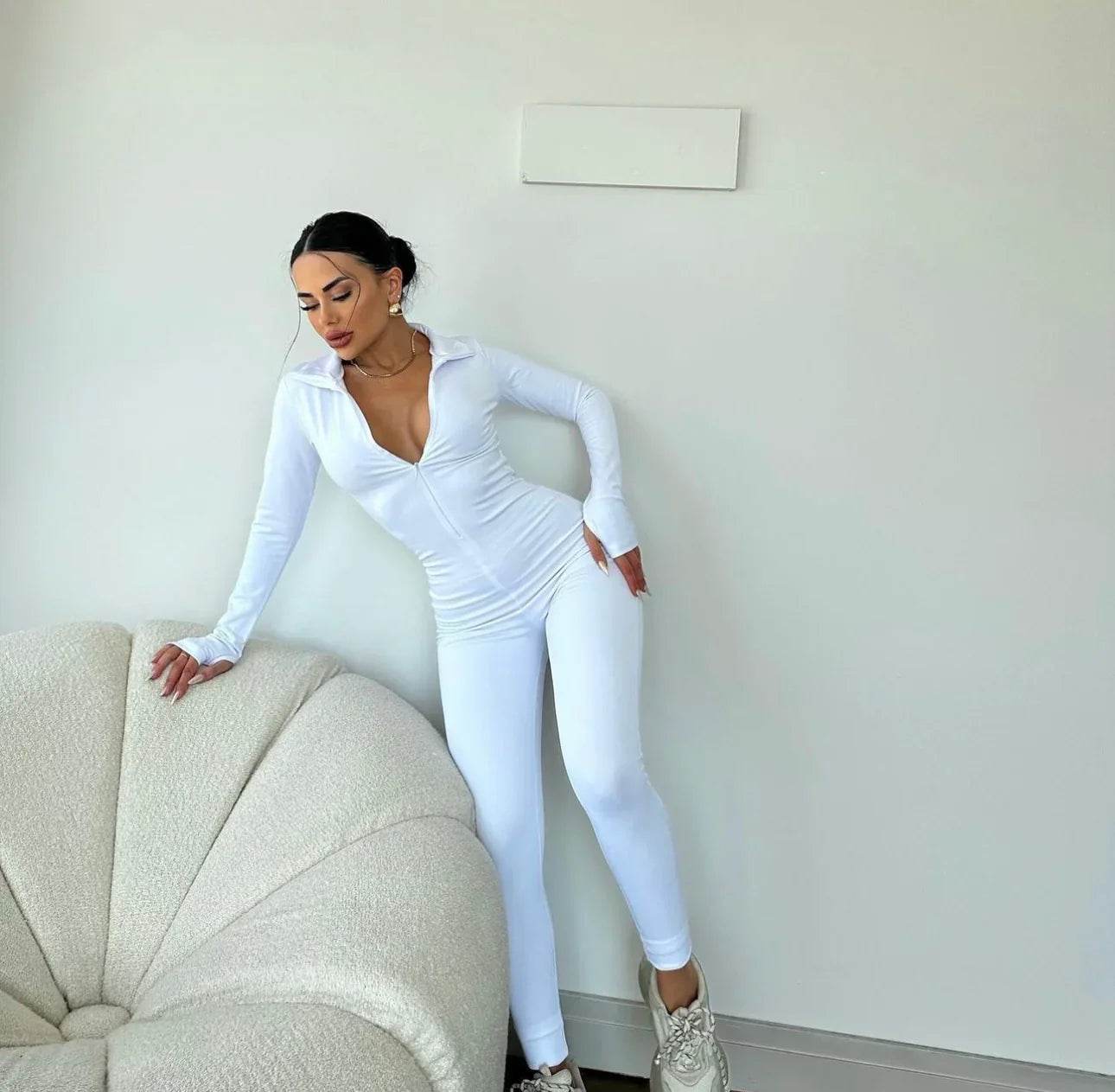 Salopetă Elegantă Albă din Lycra | Salopetă Modelatoare cu Fermoar Argintiu