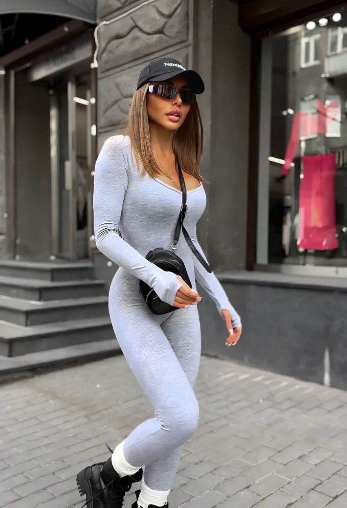 Salopetă Gri din Bumbac Elastic cu Decolteu Adânc | Salopetă cu Mâneci Tip Mănușă