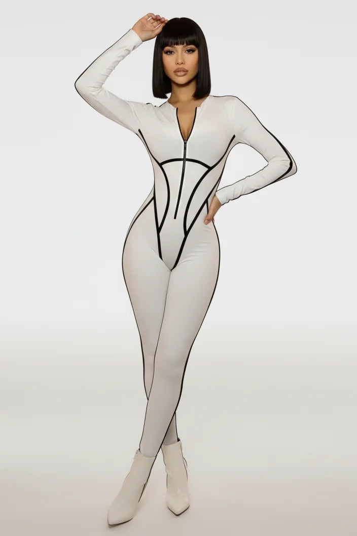 Salopetă Modelatoare Albă cu Inserții Latex | Salopetă cu Mâneci Tip Mănușă