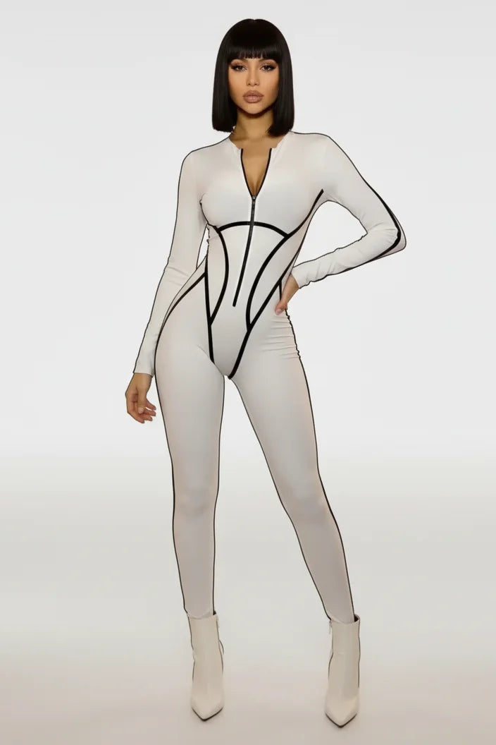 Salopetă Modelatoare Albă cu Inserții Latex | Salopetă cu Mâneci Tip Mănușă