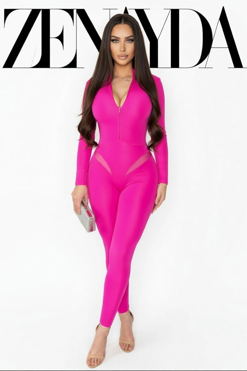 Salopetă Modelatoare Roz Neon cu Fermoar | Jumpsuit Dama Trendy cu Guler Tunica