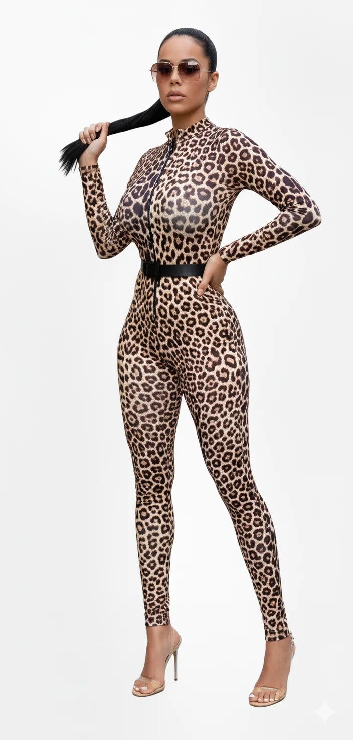 Salopetă Modelatoare cu Imprimeu Animal Print | Jumpsuit Dama din Lycra cu Fermoar