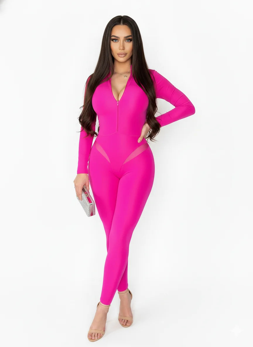 Salopetă Modelatoare Roz Neon cu Fermoar 