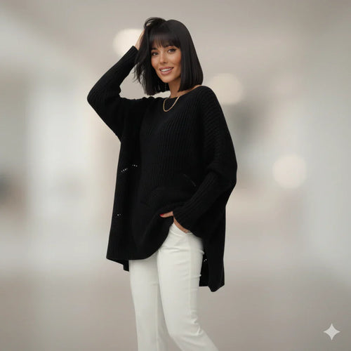 Cardigan Lână Negru Versatil | Pulover Dama cu Fusta Evazată