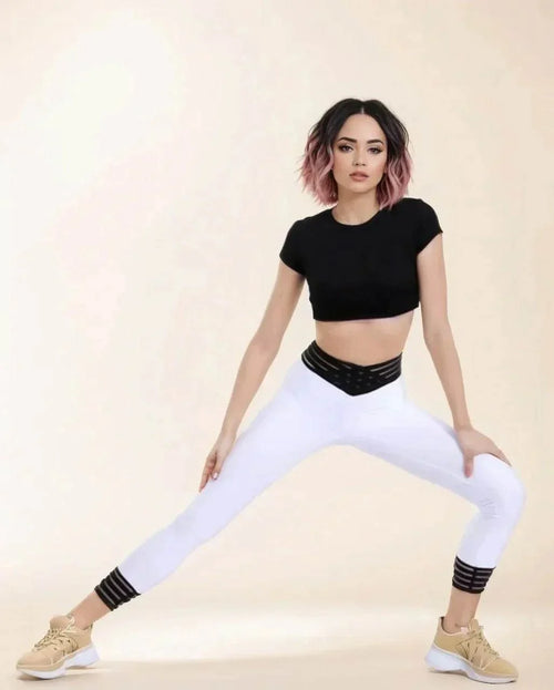 Colanți Modelatori Albi din Lycra | Colanți Sport Dama cu Push Up și Bandă Lată