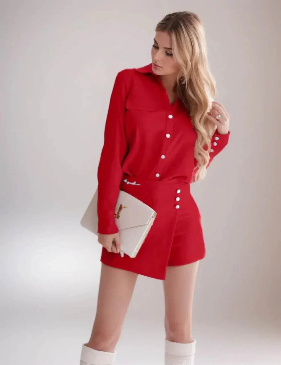 Compleu de Dama cu Fustă-Pantalon Roșie și Cămașă | Set Elegant pentru Ocazii 