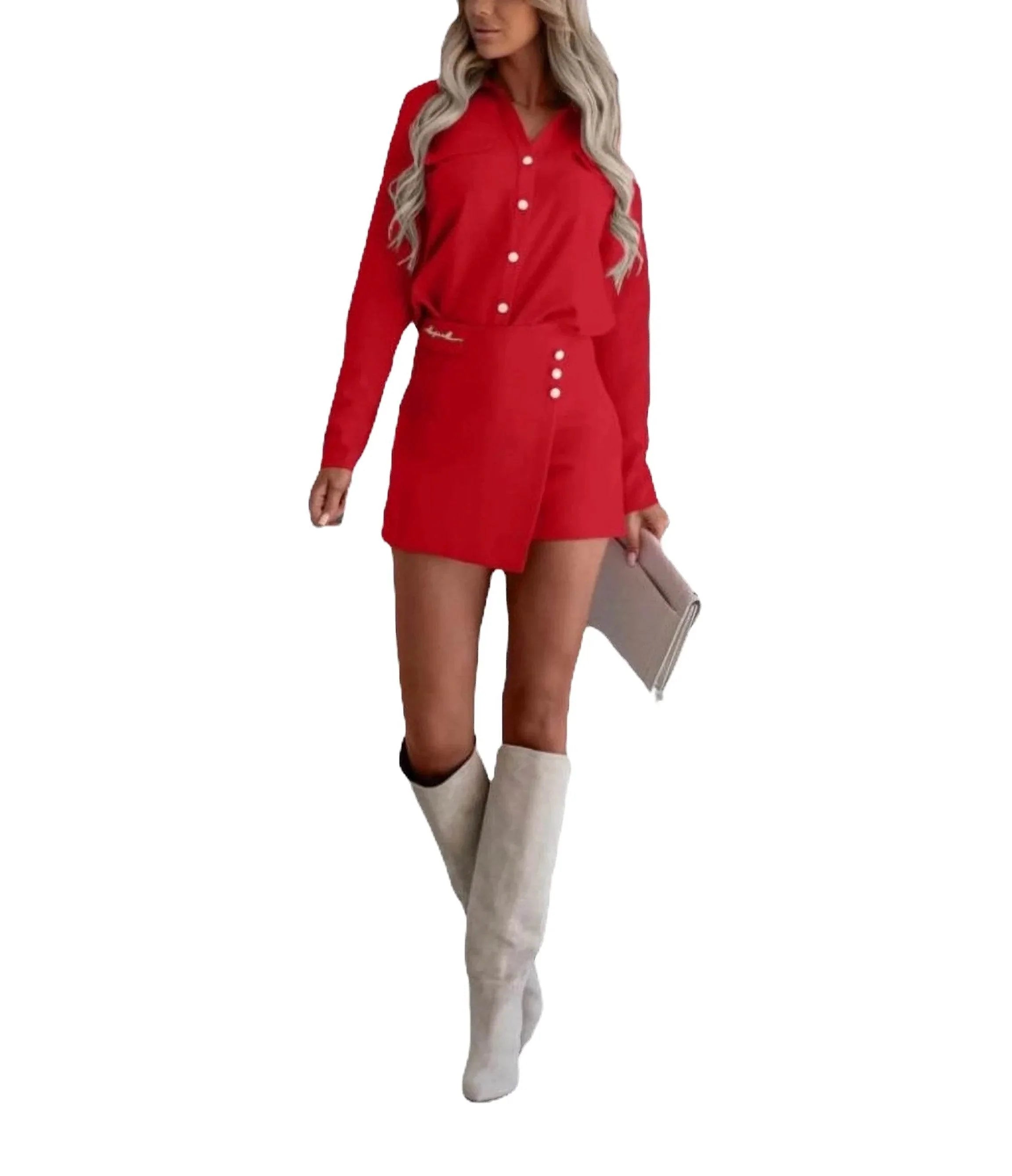 Compleu de Dama cu Fustă-Pantalon Roșie și Cămașă | Set Elegant pentru Ocazii 