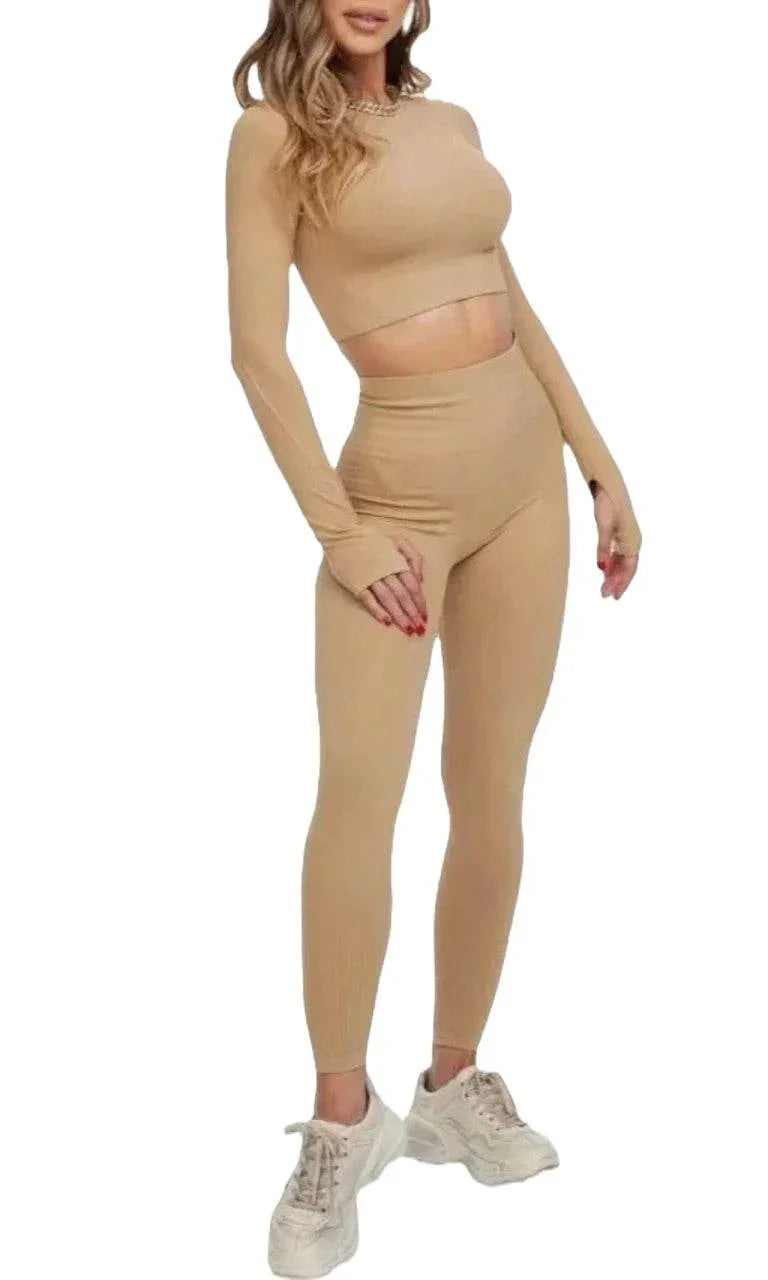 Compleu Fitness Seamless Cappuccino | Set Sport Mânecă Lungă Dama