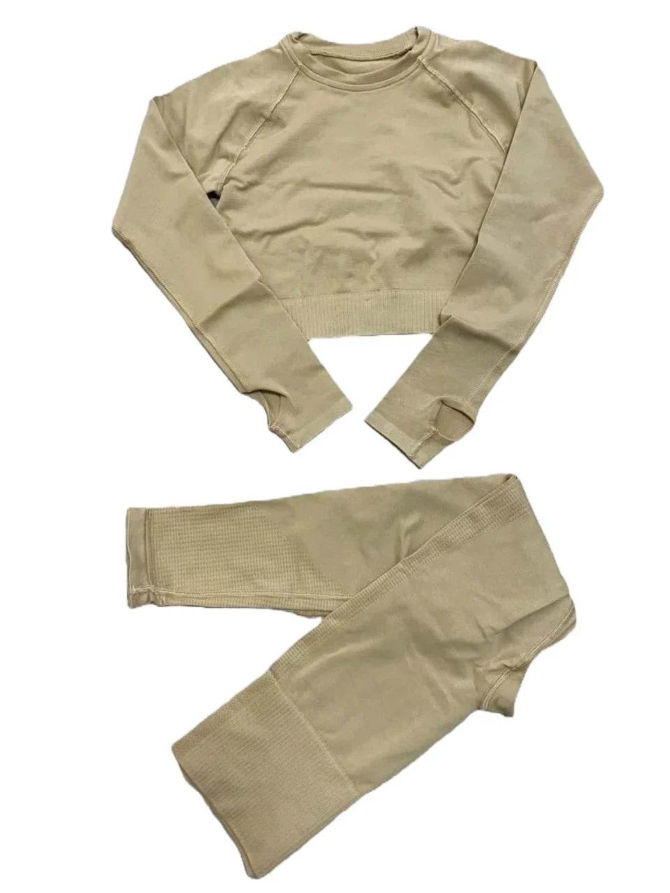 Compleu Modelator Fitness Gold Nude | Set Dama cu Mâneci Lungi și Fentă pentru Deget