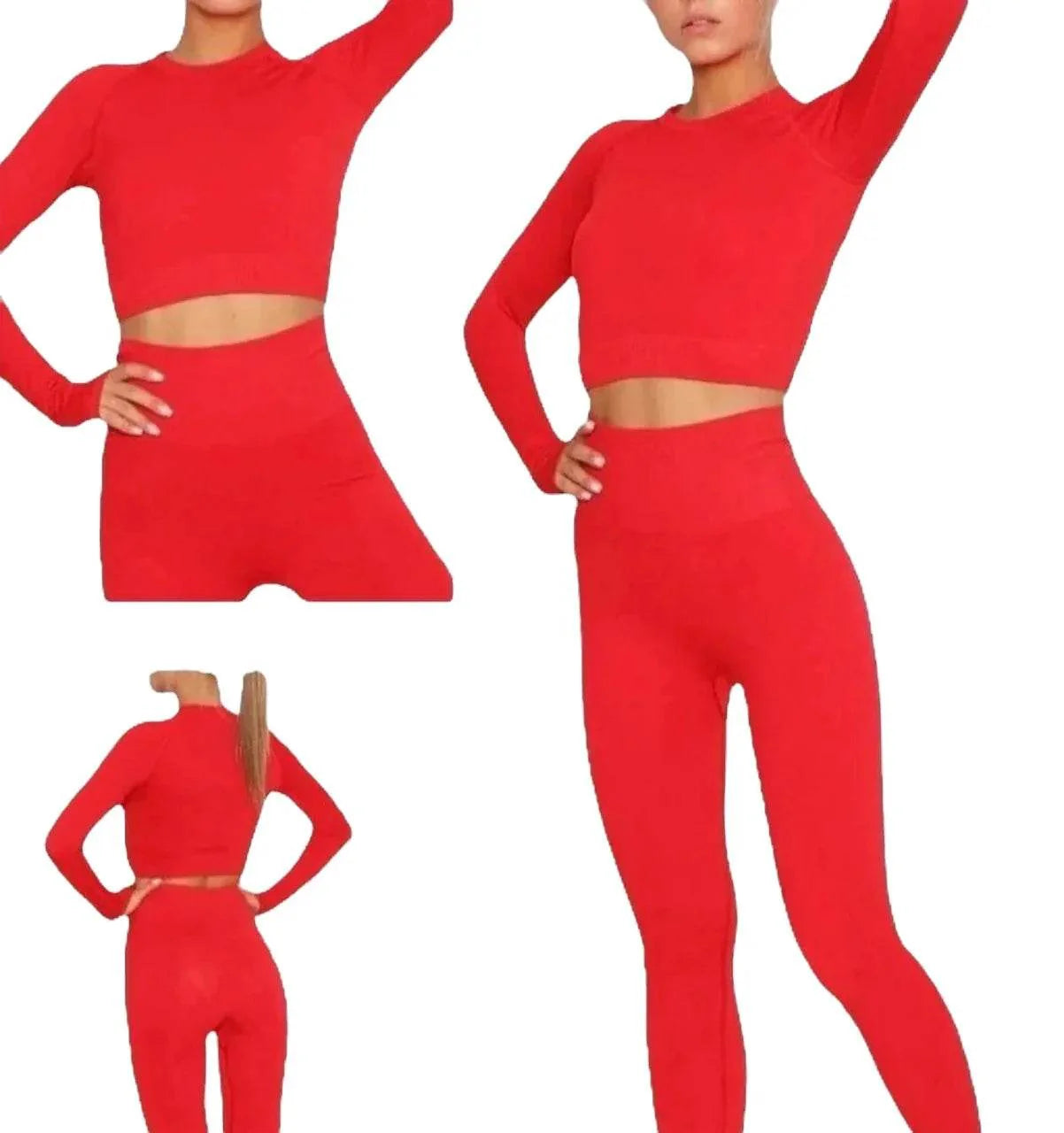 Compleu Modelator Fitness Roșu | Set Dama cu Mâneci Lungi și Fentă pentru Deget