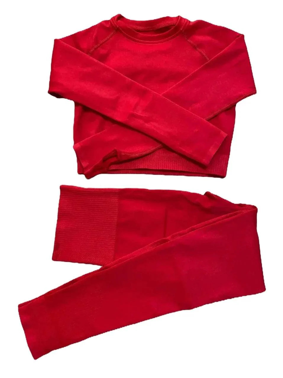 Compleu Modelator Fitness Roșu | Set Dama cu Mâneci Lungi și Fentă pentru Deget