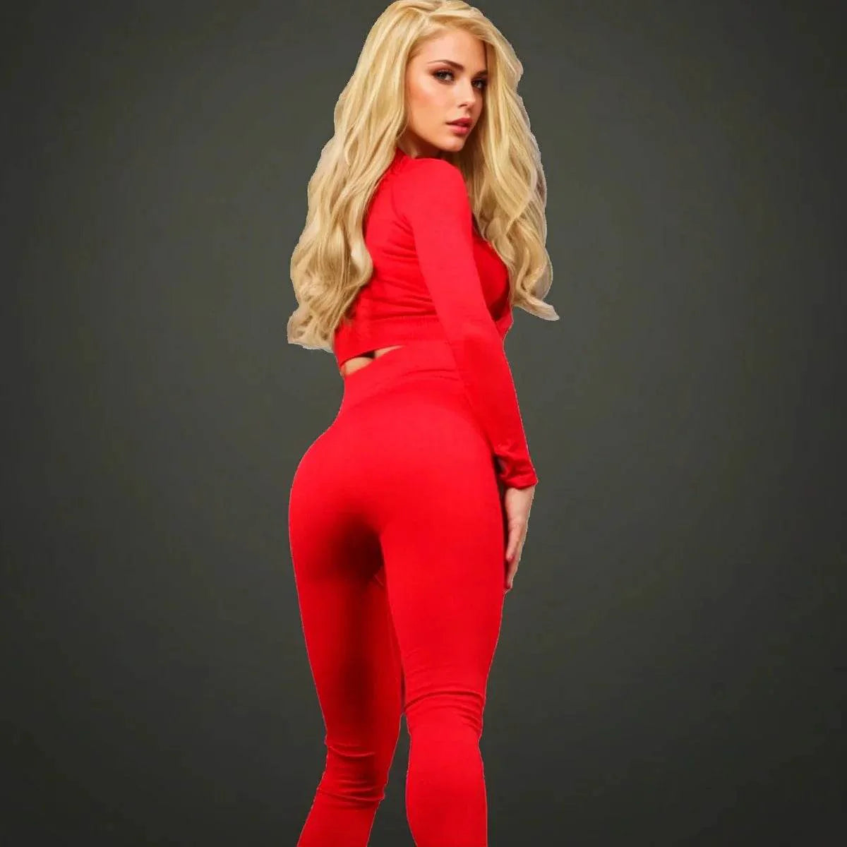 Compleu Modelator Fitness Roșu | Set Dama cu Mâneci Lungi și Fentă pentru Deget