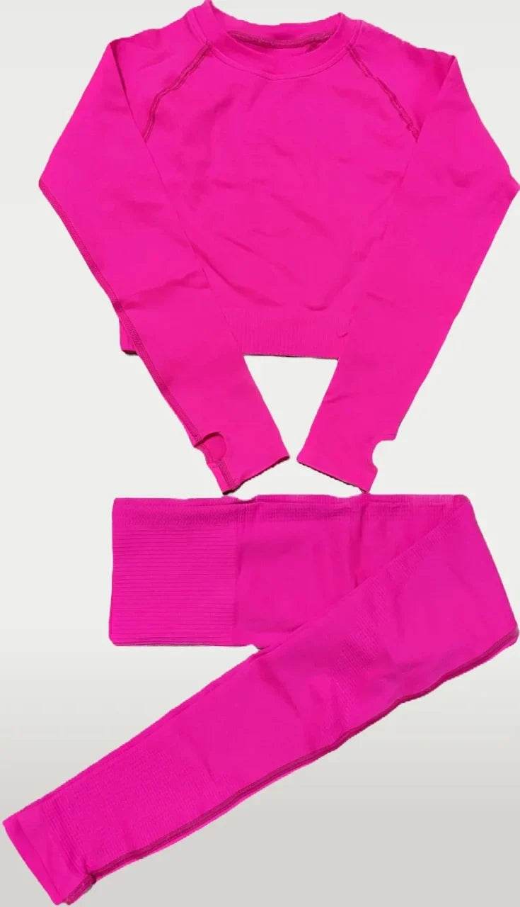 Compleu Fitness Seamless Roz Neon | Set Sport Mânecă Lungă Dama