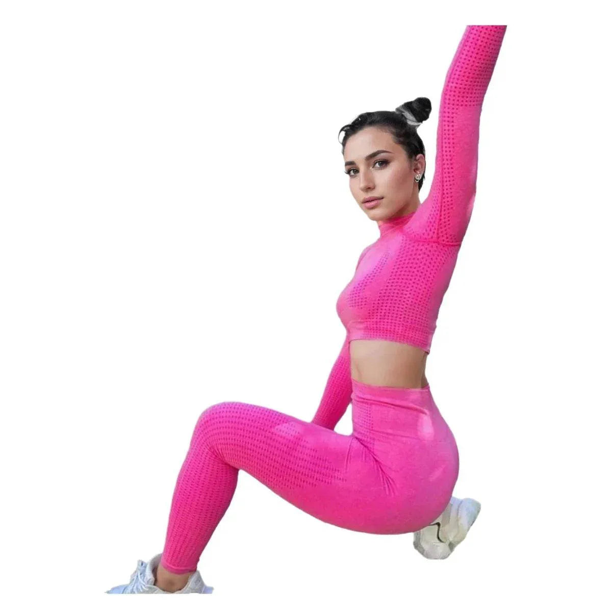 Compleu Modelator Fitness Roz | Set Sport cu Mâneci Lungi și Fentă pentru Deget