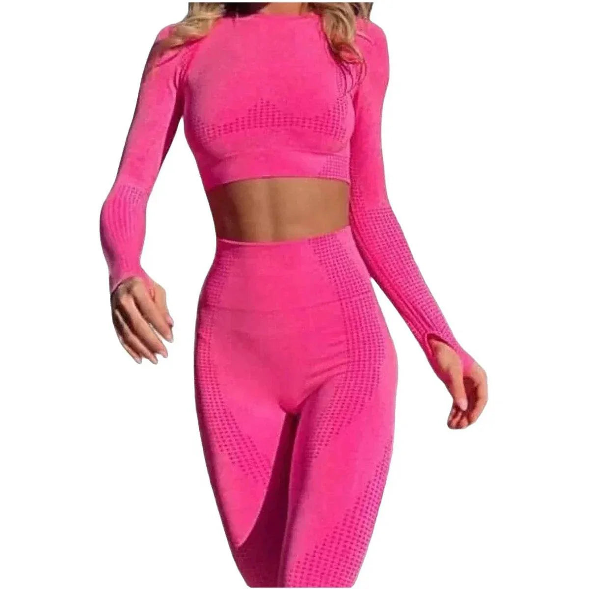 Compleu Modelator Fitness Roz | Set Sport cu Mâneci Lungi și Fentă pentru Deget