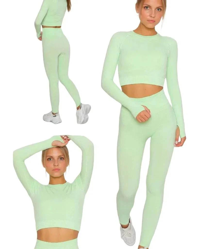 Compleu Fitness Seamless Verde | Set Sport Mânecă Lungă Dama