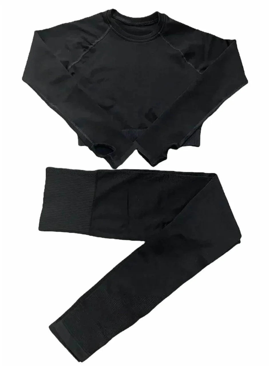 Compleu Seamless Modelator Negru | Set Sport cu Mâneci Lungi și Fentă pentru Deget