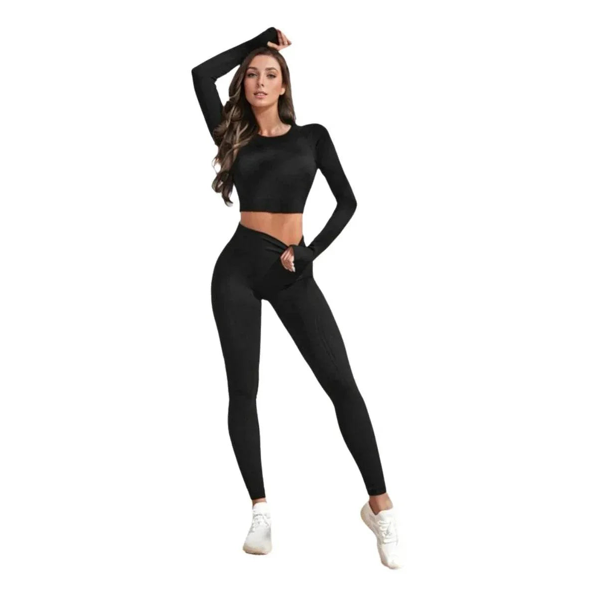 Compleu Seamless Modelator Negru | Set Sport cu Mâneci Lungi și Fentă pentru Deget