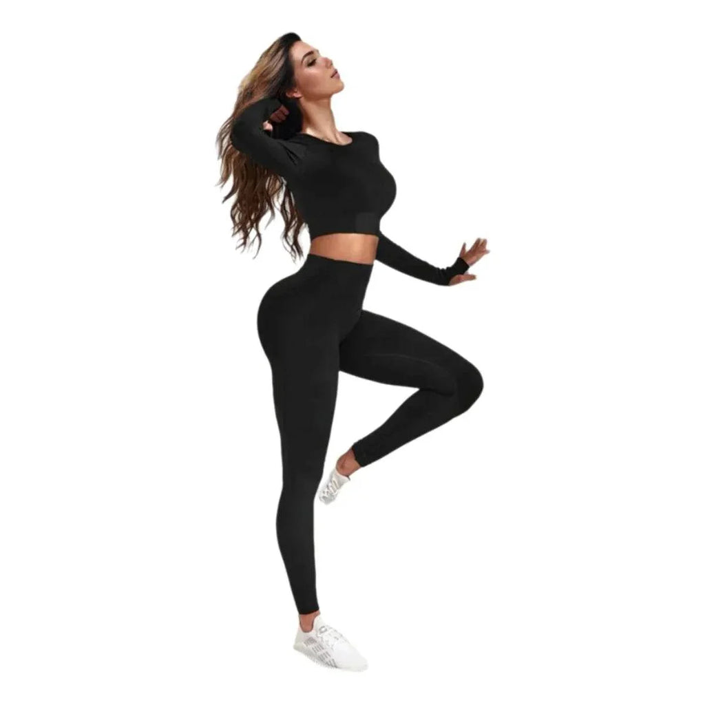 Compleu Seamless Modelator Negru | Set Sport cu Mâneci Lungi și Fentă pentru Deget