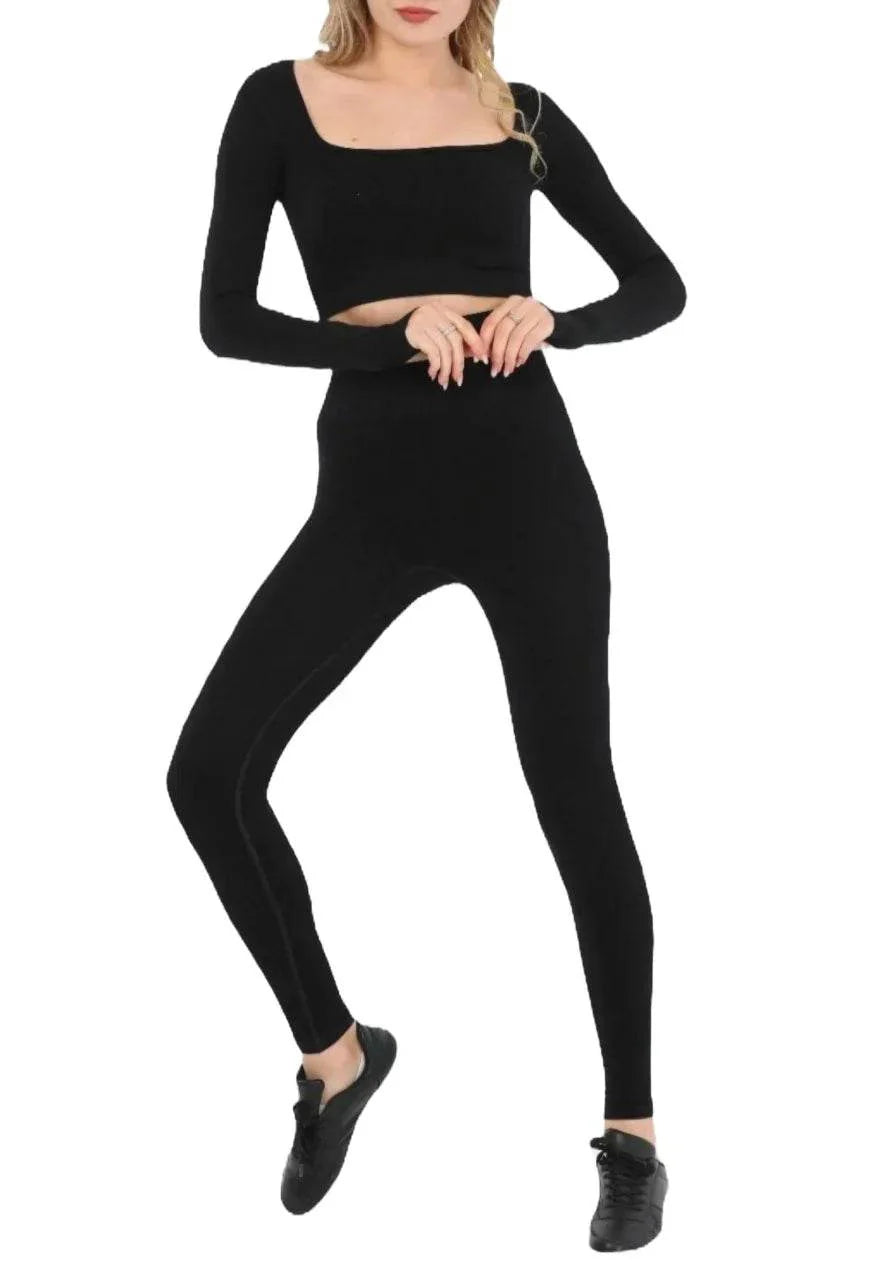 Compleu Modelator Fitness Negru | Set Dama cu Decolteu și Mâneci Mănușă