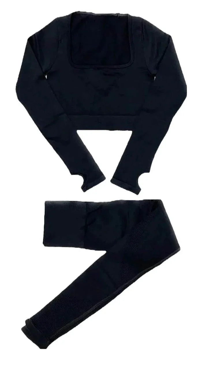 Compleu Modelator Fitness Negru | Set Dama cu Decolteu și Mâneci Mănușă