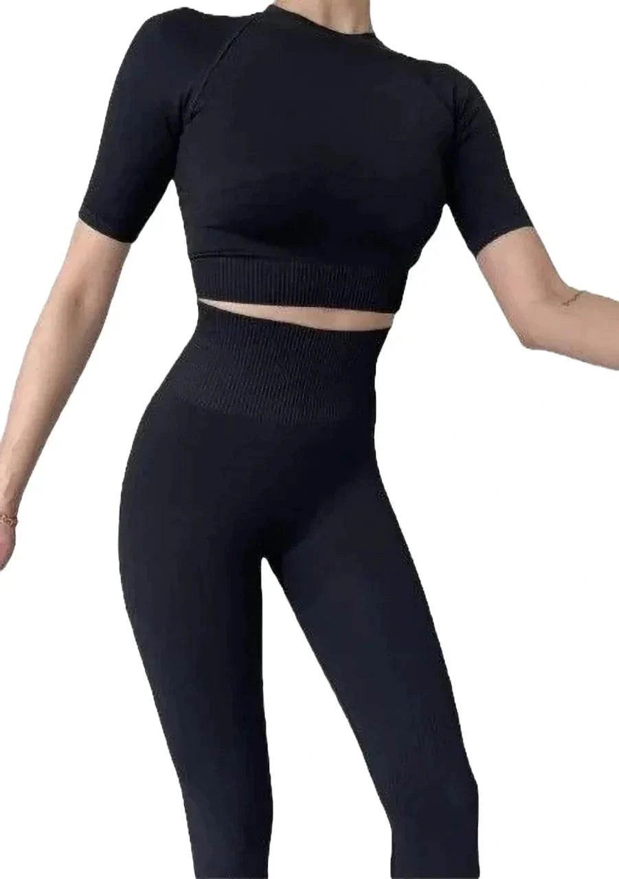 Set Fitness Modelator Negru 2 Piese | Compleu Sport Dama cu Bustieră și Colanți Push Up