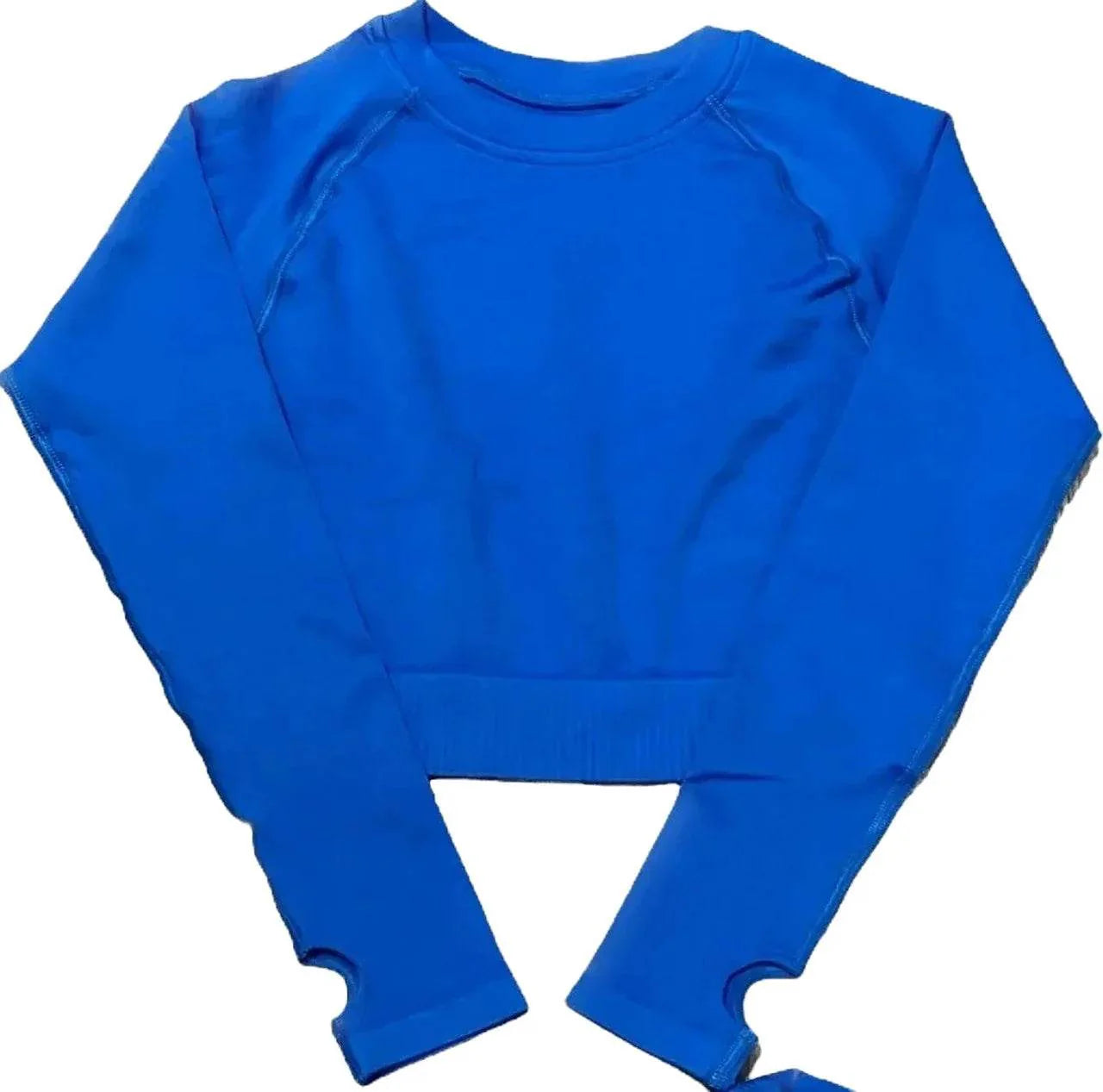 Compleu Seamless Albastru Modelator | Set Sport cu Mâneci Lungi și Fentă pentru Deget