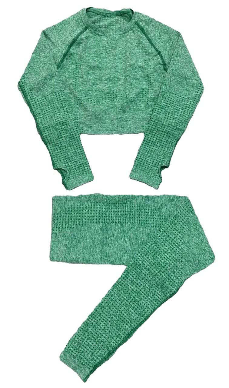 Compleu Sport Seamless Verde | Set Modelator cu Mâneci Lungi și Fantă Deget