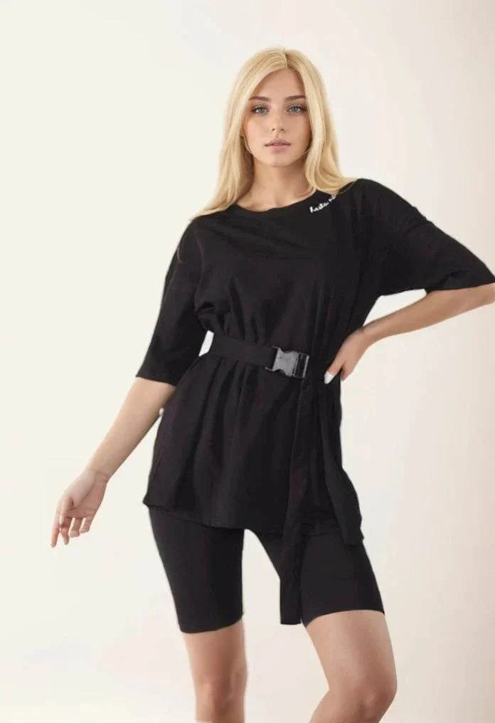 Compleu Sport Negru din Bumbac | Set cu Tricou și Colanți Scurți