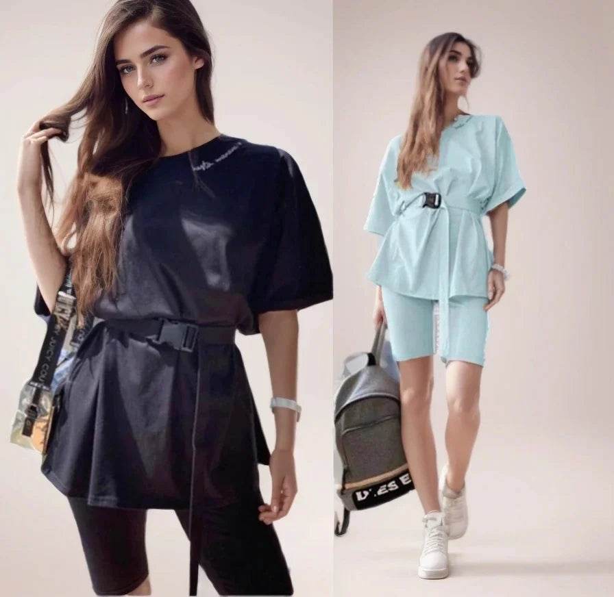 Compleu Sport Negru din Bumbac | Set cu Tricou și Colanți Scurți