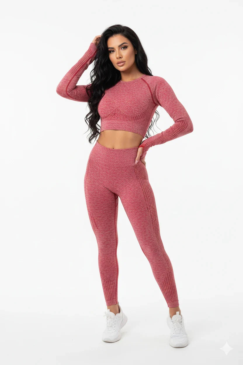 Compleu Fitness Seamless Roșu Zmeură | Set Sport Mânecă Lungă Dama