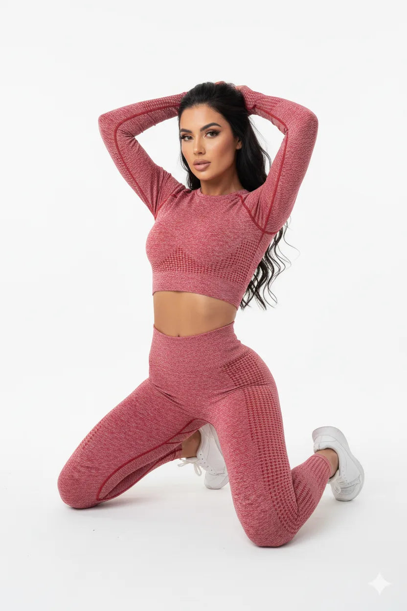 Compleu Fitness Seamless Roșu Zmeură | Set Sport Mânecă Lungă Dama