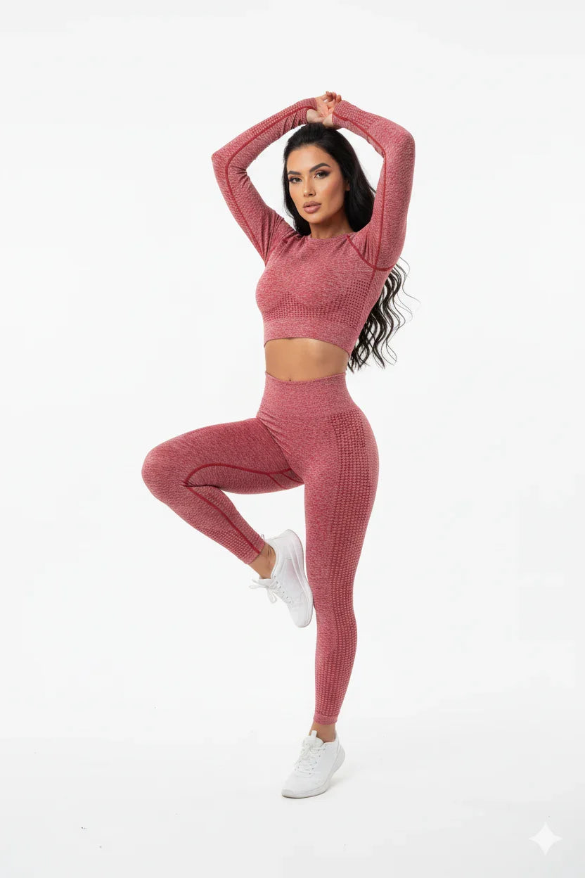 Compleu Fitness Seamless Roșu Zmeură | Set Sport Mânecă Lungă Dama