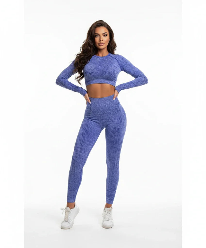 Compleu Sportiv Seamless Albastru | Set Modelator cu Mâneci Lungi pentru Fitness