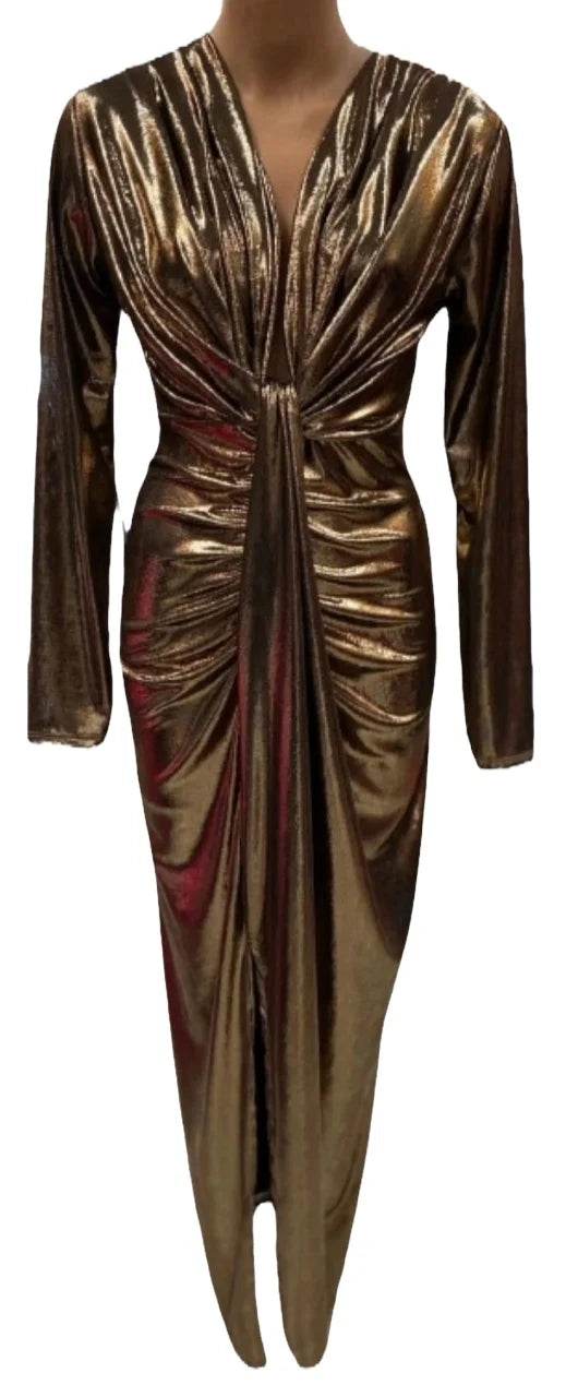 Rochie Fronsată Auriu Metalizat | Rochie Elegantă cu Decolteu și Slit