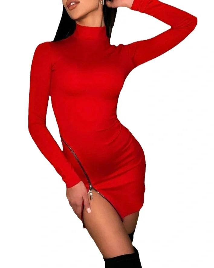 Rochie Modelatoare Roșie cu Guler Tunică | Rochie de Ocazie cu Fermoar