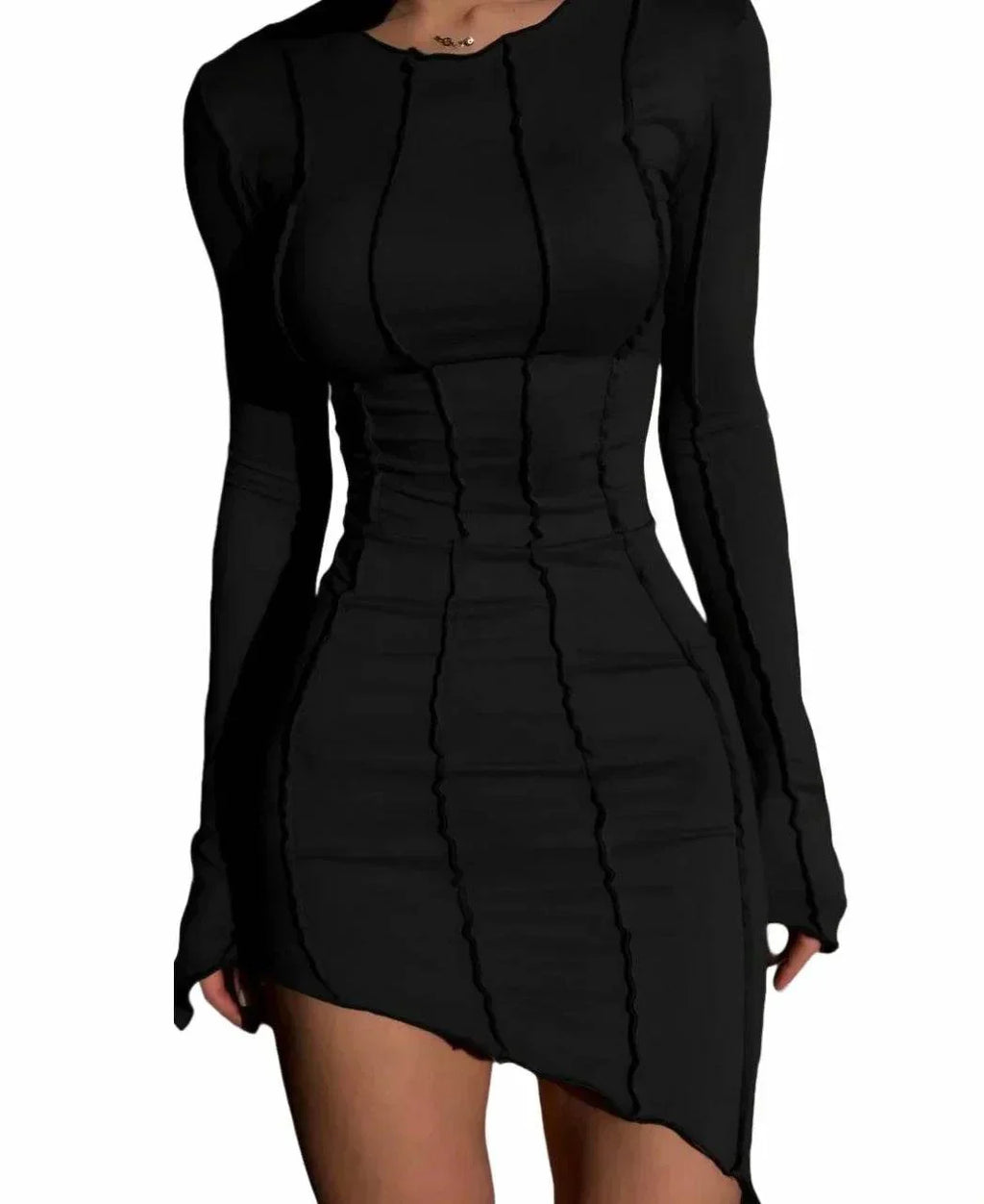 Rochie Scurtă Modelatoare Neagră | Rochie Dama cu Mânecă Lungă și Cusături